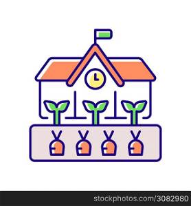 School garden RGB color icon. Farming in academy backyard. Cultivate vegetables in courtyard of preschool. Seedling and horticulture. Care for plants in yard. Isolated vector illustration. School garden RGB color icon