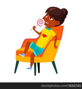 School Girl Child Eating Lollipop Candy Vector. African Schoolgirl Sitting On Armchair And Enjoying Lollypop Candy On Stick. Character Eat Delicious Sweet Food Flat Cartoon Illustration. School Girl Child Eating Lollipop Candy Vector