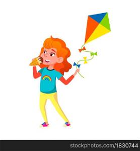 School Girl Eating Ice Cream Sweet Dessert Vector. Schoolgirl Playing With Kite And Eat Ice Cream In Park Outdoor. Character Lady Child Enjoying Frozen Delicious Food Flat Cartoon Illustration. School Girl Eating Ice Cream Sweet Dessert Vector