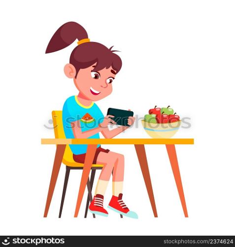 School Girl Playing Video Game On Phone Vector. Caucasian Schoolgirl Sitting At Kitchen Table And Play Video Game Or Watching Clip On Smartphone Screen. Character Flat Cartoon Illustration. School Girl Playing Video Game On Phone Vector