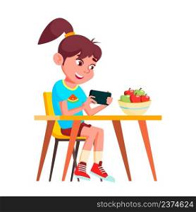 School Girl Playing Video Game On Phone Vector. Caucasian Schoolgirl Sitting At Kitchen Table And Play Video Game Or Watching Clip On Smartphone Screen. Character Flat Cartoon Illustration. School Girl Playing Video Game On Phone Vector