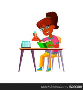 School Girl Scientist Making Experiment Vector. Indian Schoolgirl Reading Book And Make Chemical Experiment Test With Laboratory Glass Equipment. Character Flat Cartoon Illustration. School Girl Scientist Making Experiment Vector