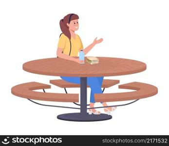 School girl sitting at table semi flat color vector character. Sitting figure. Full body person on white. Lunch isolated modern cartoon style illustration for graphic design and animation. School girl sitting at table semi flat color vector character