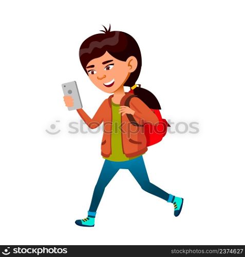 School Girl Video Calling On Smartphone Vector. Asian Schoolgirl Pupil Walking Outdoor And Video Calling On Mobile Phone. Character Going To School And Talking On Device Flat Cartoon Illustration. School Girl Video Calling On Smartphone Vector