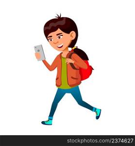 School Girl Video Calling On Smartphone Vector. Asian Schoolgirl Pupil Walking Outdoor And Video Calling On Mobile Phone. Character Going To School And Talking On Device Flat Cartoon Illustration. School Girl Video Calling On Smartphone Vector