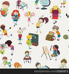 School girls and boys studying chemistry botany and gym activities colorful doodle sketch seamless pattern vector illustration