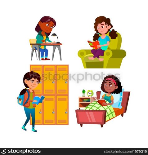 School Girls Children Reading Book Set Vector. Schoolgirls Reading Interesting Book In Living Room And Bedroom, Educational Literature At Table And In School. Characters Flat Cartoon Illustrations. School Girls Children Reading Book Set Vector