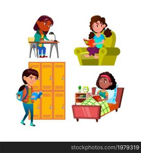 School Girls Children Reading Book Set Vector. Schoolgirls Reading Interesting Book In Living Room And Bedroom, Educational Literature At Table And In School. Characters Flat Cartoon Illustrations. School Girls Children Reading Book Set Vector