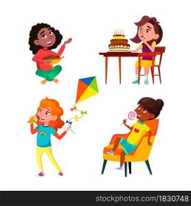 School Girls Eating Delicious Sweets Set Vector. Schoolgirls Eat Ice Cream And Cake, Lollipop And And Chocolate Candies Sweets. Characters Enjoying Dessert Flat Cartoon Illustrations. School Girls Eating Delicious Sweets Set Vector