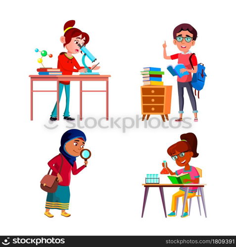 School Girls Scientist Researching Set Vector. Schoolgirls Scientist Analysis With Microscope And Magnifier, Reading Education Book And Make Laboratory Test. Characters Flat Cartoon Illustrations. School Girls Scientist Researching Set Vector