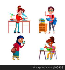 School Girls Scientist Researching Set Vector. Schoolgirls Scientist Analysis With Microscope And Magnifier, Reading Education Book And Make Laboratory Test. Characters Flat Cartoon Illustrations. School Girls Scientist Researching Set Vector
