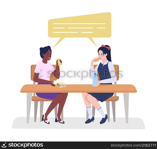 School girls talking on break semi flat color vector characters. Sitting figures. Full body people on white. Lunch isolated modern cartoon style illustration for graphic design and animation. School girls talking on break semi flat color vector characters