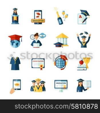 School graduation flat icons set. High school college graduation flat pictograms collection with official diploma and academic hat abstract isolated vector illustration