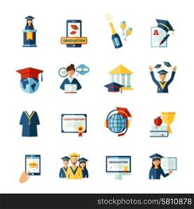 School graduation flat icons set. High school college graduation flat pictograms collection with official diploma and academic hat abstract isolated vector illustration