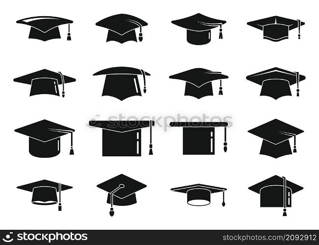 School graduation hat icons set simple vector. Academy celebration, Ceremony cap. School graduation hat icons set simple vector. Academy celebration