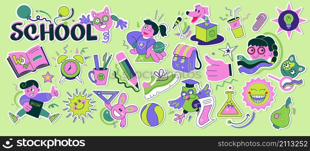 School graphic stickers. Abstract science college and elementary school badges with kids and science elements. Vector doodle emblems set fun element stationery. School graphic stickers. Abstract science college and elementary school badges with kids and science elements. Vector doodle emblems set