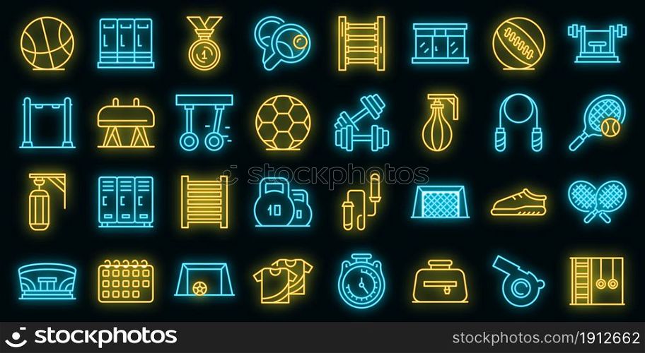 School gym icons set. Outline set of school gym vector icons neon color on black. School gym icons set vector neon