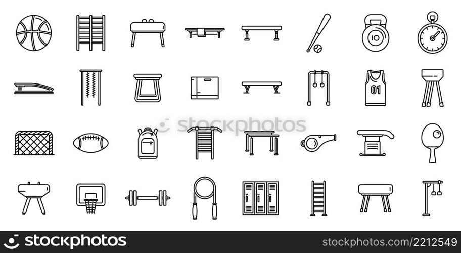School gym icons set outline vector. Club equipment. Room bag. School gym icons set outline vector. Club equipment