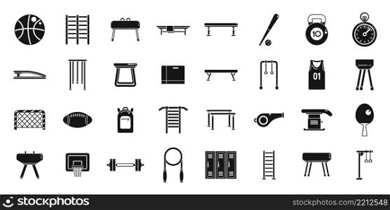 School gym icons set simple vector. Club equipment. Room bag. School gym icons set simple vector. Club equipment