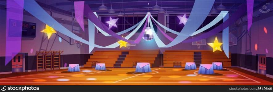 School gym interior ready for prom night or party celebration. Sports arena with tables, decorated with stroboscobe, stars and festive illumination. Place for event fun, Cartoon vector illustration. School gym interior ready for prom night or party