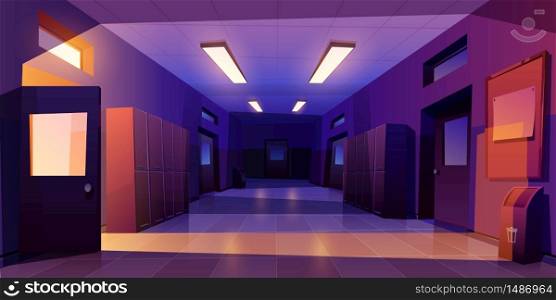 School hallway night interior with entrance doors, lockers and bulletin board on wall in electric light. Vector cartoon illustration of empty corridor in college, university with classrooms doors. School hallway night interior with doors lockers