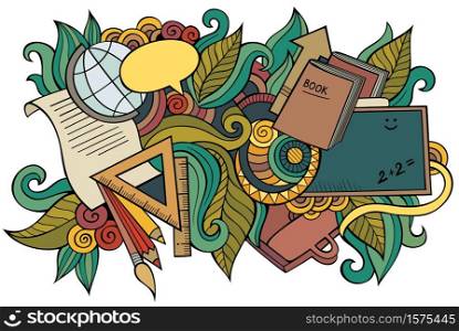 School hand drawn cartoon doodles illustration. Funny education design. Creative art vector background. Learning symbols, elements and objects. Colorful composition. School hand drawn cartoon doodles illustration. Funny education design.