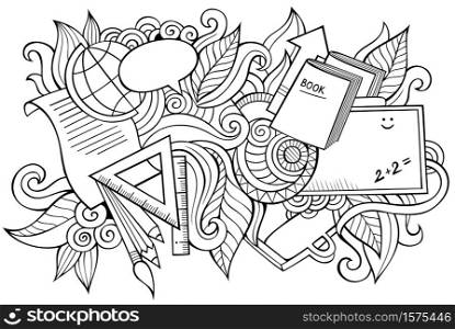 School hand drawn cartoon doodles illustration. Funny education design. Creative art vector background. Learning symbols, elements and objects. Sketchy composition. School hand drawn cartoon doodles illustration. Funny education design.