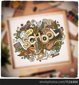 School hand lettering and doodles elements and symbols background. Vector blurried illustration. School hand lettering and doodles elements and symbols