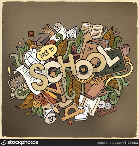 School hand lettering and doodles elements and symbols background. Vector hand drawn illustration. School hand lettering and doodles elements