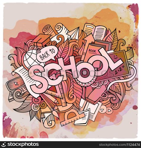 School hand lettering and doodles elements and symbols emblem. Vector watercolor stains background. School hand lettering and doodles elements and symbols emblem