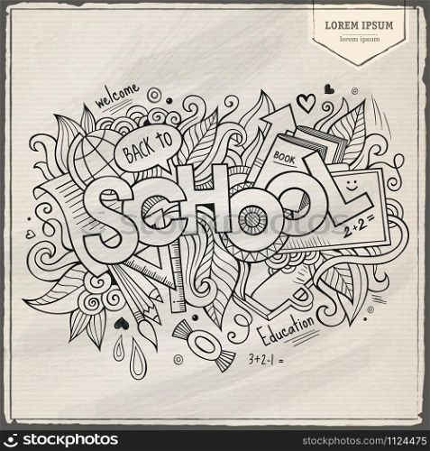 School hand lettering and doodles elements background. Vector illustration. School hand lettering and doodles elements