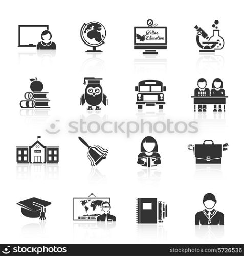 School icon black set with classroom books bus isolated vector illustration