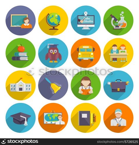 School icon flat set with blackboard laptop students isolated vector illustration