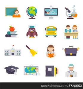 School icon flat set with teacher pupils and education elements isolated vector illustration