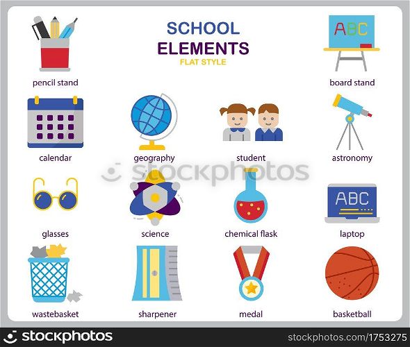 School icon set for website, document, poster design, printing, application. School concept icon flat style.