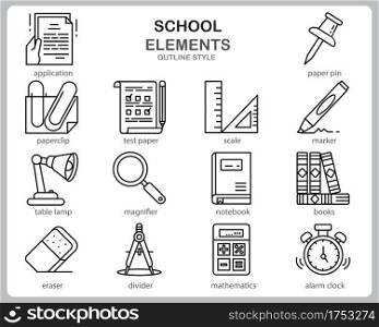 School icon set for website, document, poster design, printing, application. School concept icon outline style.