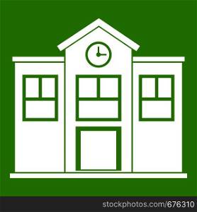 School icon white isolated on green background. Vector illustration. School icon green