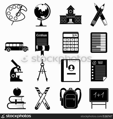 School icons set in black simple style for any design. School icons set
