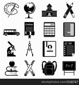 School icons set in black simple style for any design. School icons set