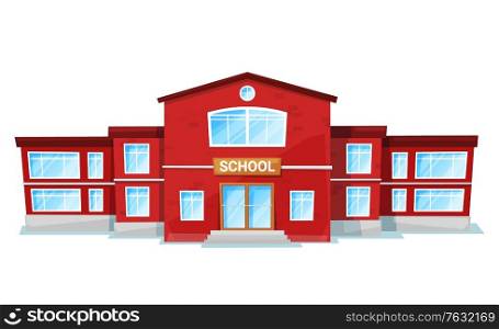 School in red color, educational architecture with big windows. Exterior of studying construction, schoolhouse object, front view of learning building. Vector illustration in flat cartoon style. Schoolhouse or Educational Place, School Vector