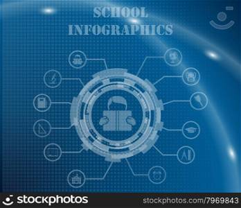 School Infographic Template From Technological Gear Sign, Lines and Icons. Elegant Design With Transparency on Blue Checkered Background With Light Lines and Flash on It. Vector Illustration.