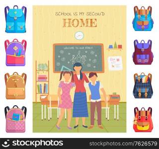 School is my second home postcard decorated by stickers of backpack. Knowledge place, children and teacher in classroom, chalkboard and desktop vector. Back to school concept. Flat cartoon. Teacher and Pupils in Classroom, School Vector