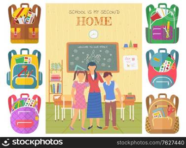 School is my second home postcard decorated by stickers of backpack. Knowledge place, children and teacher in classroom, chalkboard and desktop vector. Back to school concept. Flat cartoon. Teacher and Pupils in Classroom, School Vector