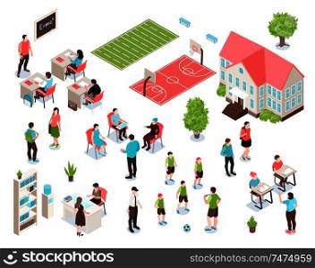 School isometric color set pupil and teachers in classroom and on sports ground isolated vector illustration