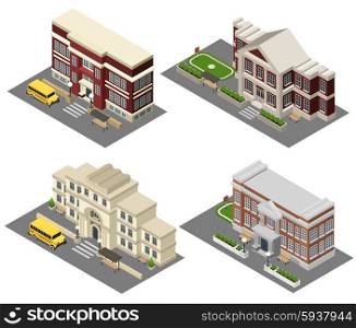 School Isometric Icons Set . School building isometric icons set with field bus and benches isolated vector illustration