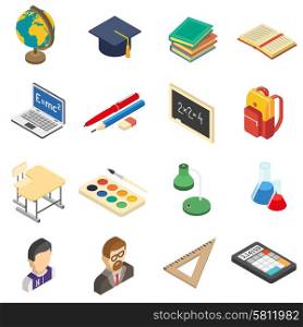 School isometric icons set. School education accessories isometric icons set with calculator and retort in chemistry lab abstract isolated vector illustration