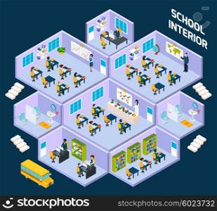 School isometric interior. School isometric interior with classroom indoors full of students and teachers vector illustration