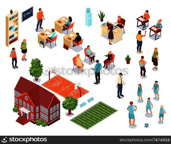 School isometric set of sports ground schoolhouse teacher and pupil characters isolated vector illustration