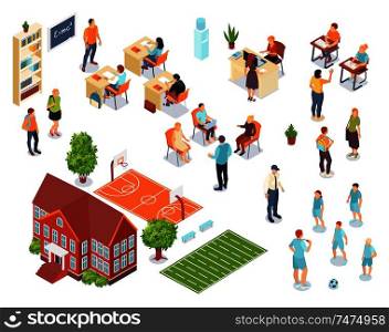 School isometric set of sports ground schoolhouse teacher and pupil characters isolated vector illustration
