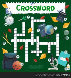 School items and stationery crossword grid worksheet. Find a word quiz game, children educational riddle or vocabulary playing activity. School child vector intellectual text game with stationery. School items and stationery crossword worksheet